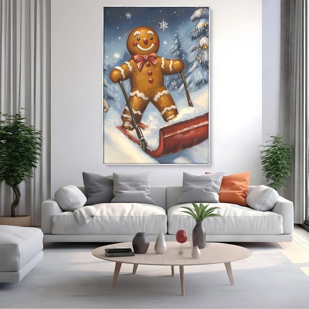 Tablou canvas cu ilustratie omulet turtita pe sanie, in rama de aluminiu argintiu, pe perete intr-un living